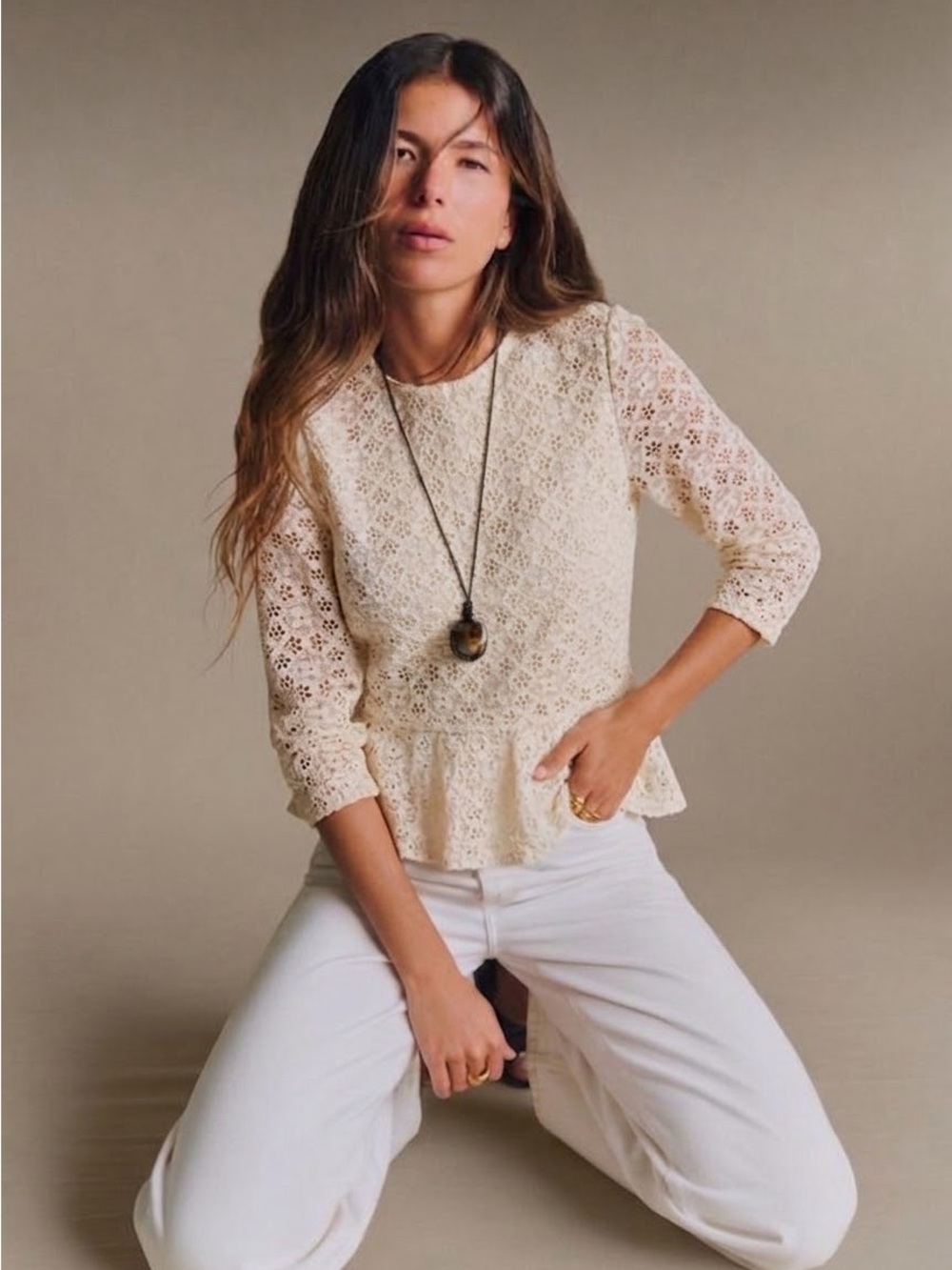 Sezane By Morgane Sézalory Cream Lace Peplum Blouse 8 Quiet Luxury Archival Boho